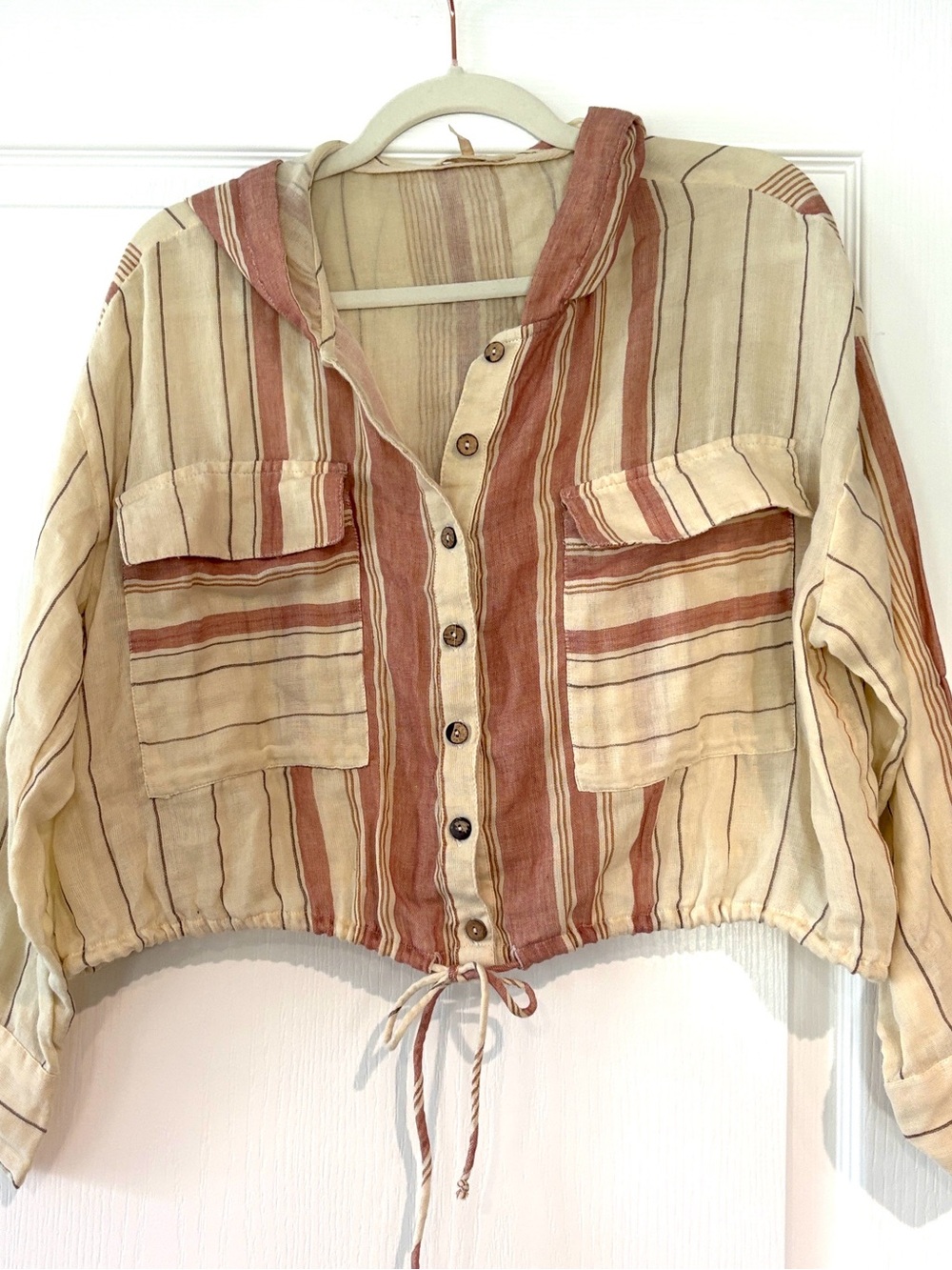 Free People Cream and Rust Lightweight Striped Cropped Jacket/Shirt